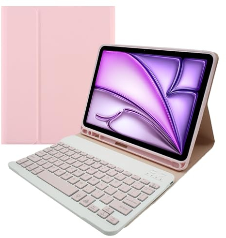 Bueuwe Funda con Teclado para iPad Air 6 de 11 Pulgadas 2024, iPad Air 5.ª/4.ª Generación 2022/2020 de 10,9 Pulgadas, Contener Ñ, Funda para Teclado Desmontable con Portalápices,Rosado