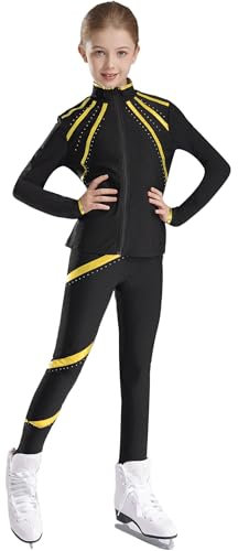 Xnihocha Kinder Sportbekleidung Mädchen Set Langarm Eiskunstlauf Jacke +Lang Leggings Zweiteiliger Gymnastik Yoga Trainingsoutfit Gold 134-140