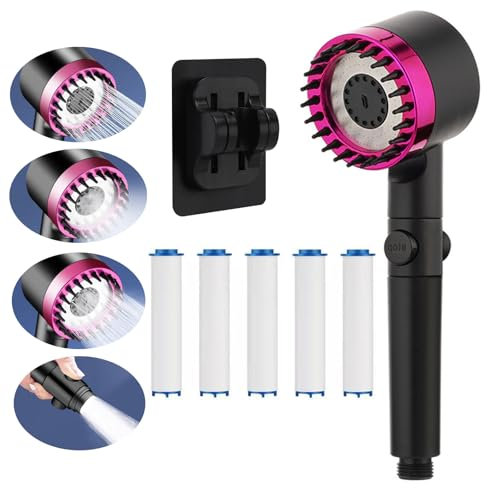 7 Piezas Cabezales de Ducha de Alta Presión, Cabezal de Ducha de Ahorro de Agua con 5 Filtros Y 1 Soporte, 4 Modos, Cabezal de Ducha Universal Multifunción con Botón de Pausa Ajustable