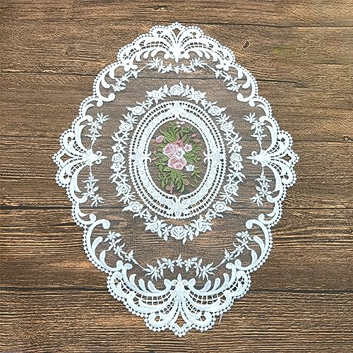 Anevous 1 Stück Spitze Oval Platzset, Vintage Dekorative Tischsets, 31x 42cm Spitzendeckchen Placemat, Spitze Blume Bestickte Tischmatte Abwaschbar für Küche Esszimmer Dekoration,Weiß A