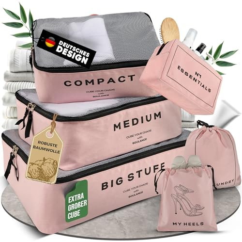 SOULANCE Packing Cubes [BAUMWOLLE] 6-teiliges Set, Koffer Organizer Set,Packwürfel,Rucksack Organizer,Backpack Organizer,Reise,Travel Essentials (Rosa)