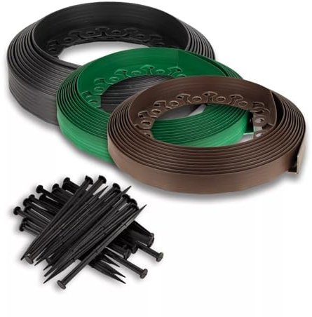 Lawn and Garden Edging Border with Ground Stakes, 32ft (10-50m) | 4CM High Flexible Flower Bed Edging with Reinforced Plastic Pegs, Professional Landscaping Solution (pack of 2 = 20m, BROWN)