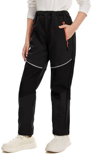 mosingle Waterproof Trousers Kids Fleece Lined Girls Boys Cargo Ski Winter Soft Shell Snow Pants Warm for Walking Outdoor Hiking #1510-Black-XXL