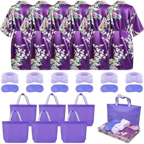 Peignoir, ensemble de fête spa pour filles – Comprend 6 peignoirs, 6 masques pour les yeux, 6 bandeaux, 6 sacs fourre-tout (style violet, taille étiquette 12), violet, 150