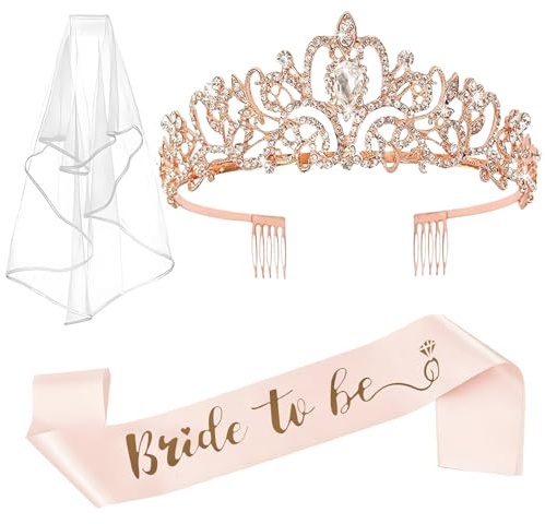 QIFU Bride to Be Sash & Veil Hen Party Accessories Kit - Bride to Be Sash, Veil & Tiara Set - Rose Gold, Pink