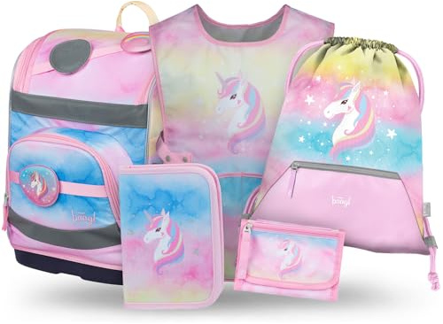 Baagl Schulranzen Mädchen Set 5 Teilig (Zippy Schultasche für 1. Klasse, Mäppchen, Turnbeutel, Schürze, Brustbeutel), Grundschule Ranzen, Ergonomischer Schulrucksack, 21 l (Regenbogen Einhorn)