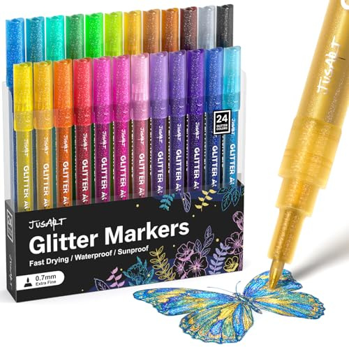 JusArt 24 Glitzerstifte 0,7 mm Metallic Marker Stifte Wasserfest,Geschenke für Grußkarten, Bastelsachen, Zeichnen,Scrapbook,DIY Fotoalbum