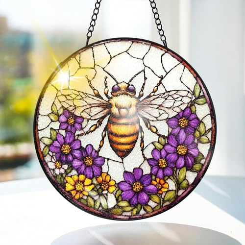 Bimkole Biene Buntglas Sonnenfänger Fensterschmuck hängend - Blumen Fensterdeko Hängend - für Garten, Fenster und Tür, Weihnachten, Handgefertigter Sonnenfänger Dekor 20x20 cm
