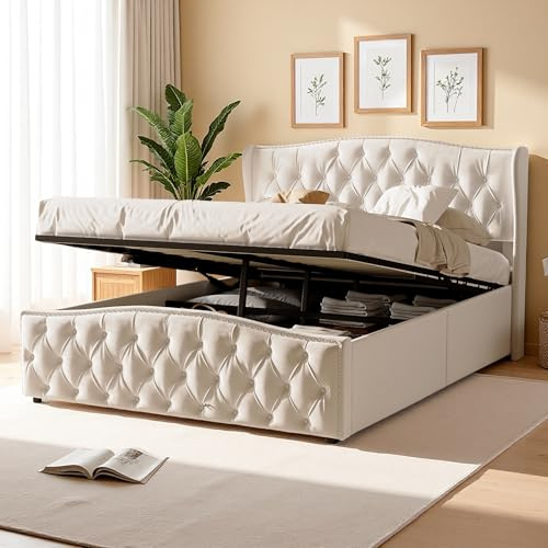 SHAODENG Doppelbett 140x200, Boxspringbett mit Bettkasten, Polsterbett mit Lattenrost und Stauraum, Jugendbett Hydraulisch Stauraumbetten Bettgestell, Beige, Samtstoff, Ohne Matratze