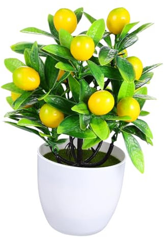 GLEAVI Fausse Petite Plante Citronnier Artificiel Mini Bonsaï en Pot Plastique Incassable Décoratif pour Bureau Et Maison Décoration Intérieure Jaune Pot
