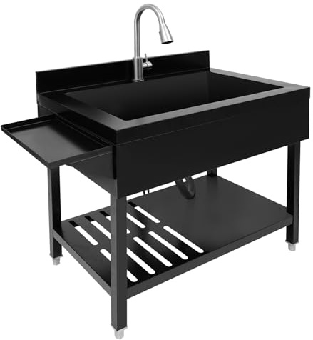Freistehende Küchenspüle,90x60x90cm,Einzelbecken-Spülbecken,Edelstahl Spültisch,Catering-Spüle mit Ausziehbarer Wasserhahn,Tragbare Waschbecken für Restaurant, Wäscherei, Garage,Außen (Schwarz)