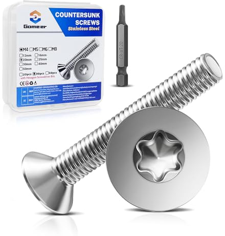 Gomeer 30 Stück M4 x 20 mm Senkkopfschrauben Torx Innensechskant aus A2 V2A Edelstahl Schrauben mit Torx Schlüssel Sechskant Schrauberkopf Norm ISO 14581 / DIN 965,für Maschinen, Möbel,Reparaturen