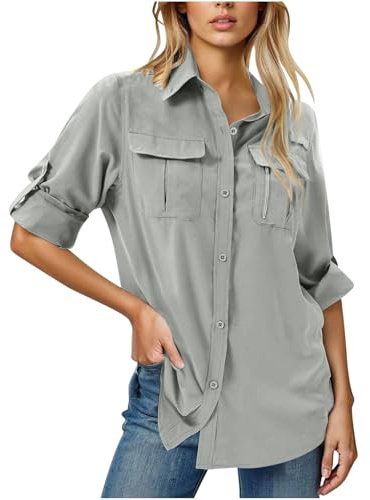 Cotton Shirts for Women UK Women's Safari Shirt Sun Protection Quick Dry Lightweight Long Sleeve Travel Fishing Blouses Collared Tops with Multi Pockets for Outdoor Hiking Camping