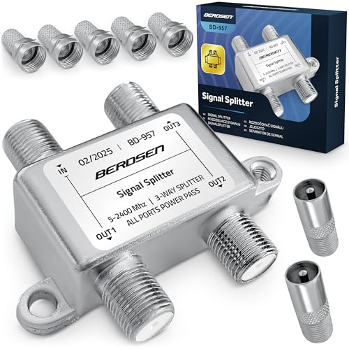 Berdsen SAT distributör antennfördelare 3-vägs – splitter typ F – passiv – 5–2400 MHz – metall skärmad