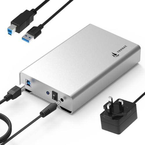 YRRNAE 3,5 tums extern hårddiskhölje, USB 3.0 till SATA, aluminium ren metall hårddiskfodral, silver, stöd upp till 20 TB, kompatibel med Windows, Mac, Linux