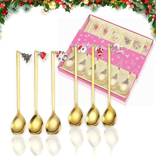 6Pcs Christmas Spoons, Tea Spoons 5.3 Inch/13.5 CM Stainless Steel Hot Chocolate Spoon Christmas Tableware with Reindeer Santa Tree Snowman for Xmas Gifts Xmas Stocking Fillers Party (Gold)