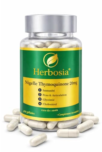 HERBOSIA Extrait Sec de Nigella Sativa 20mg Thymoquinone | Complément Alimentaire de Nigelle en Gélules Végétales (Nigelle Gelules) | Formule Végane Sans Saveur | Format : Flacon de 30 Gélules