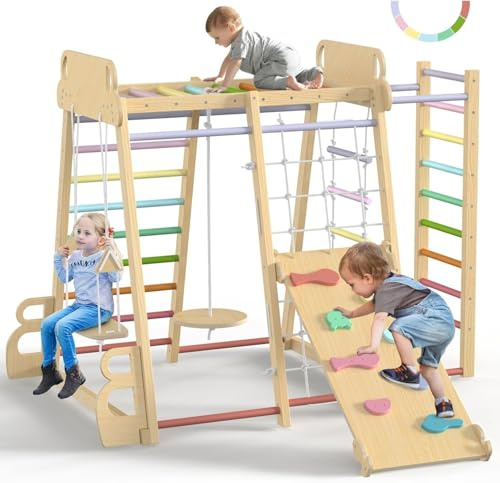 SPYLAVE Gran estructura de escalada interior, 10 en 1 multifuncional a partir de 1 año, parque infantil Montessori de madera con tobogán, columpio, red de escalada, pared de escalada, equipo de