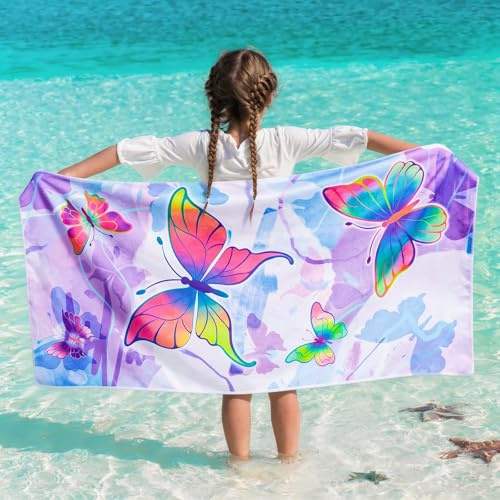 WERNNSAI Schmetterling Strandtuch für Mädchen, 76 X 150 cm Handtuch Kinder | Mikrofaser Sandfrei Handtücher, Schnell Trocknend Badetuch, Ultra Saugfähig Superweich Stranddecke Pool Reisen Schwimmen
