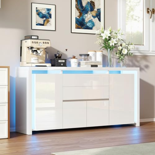 RXMORI Sideboard Hochglanz mit LED, Modernes Sideboard mit 4 Türen & 2 Schubladen, Versteckte Sprungtür,kommode geeignet für Esszimmer und Flur (Weiß, 4 Türen, 2 Schubladen)