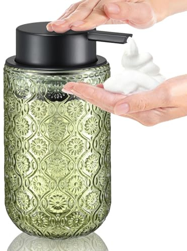 zuxzmj Green Glass Foaming Hand Soap Dispenser with Matte Black Pump Thick Embossed Bottle Refillable for Bathroom and Kitchen Decor 13.5 oz