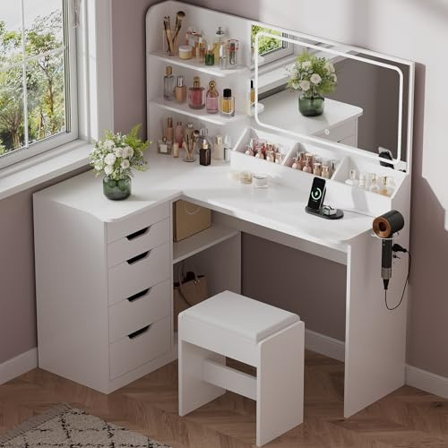 JUMMICO Coiffeuse avec Miroir et éclairage LED, Coiffeuse d’Angle en L avec Tabouret, Miroir LED 3 Couleurs, Table de Maquillage 120 cm avec 5 tiroirs et Prises intégrées, Blanche