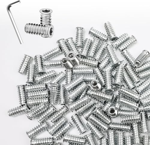 PARFCO 100 Piezas Insertos Roscados M6, Inserto de Madera Hexagonal M6 x 25mm, Tuercas para Madera de Acero Carbono, con Llave, para Muebles de Madera y Proyectos DIY