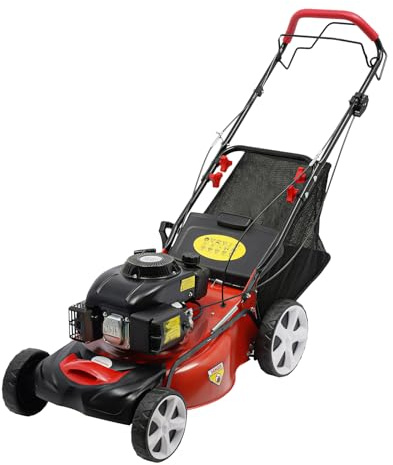 Tosaerba a benzina, 4 kW, 140 cc, 4 tempi, larghezza di taglio 51 cm, trazione semovente, 60 litri, cestino raccoglierba, regolabile in 8 posizioni, 25 – 75 mm, per giardini medio-grandi