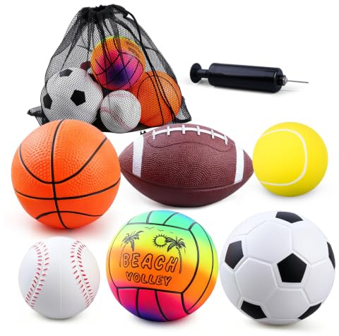 6Pcs Neoprene Aqua Ball Mini Soft Rubber Sports Balls Toy Set for Kids | Football Basketball Rugby Baseball Tennis Beach Volleyball for Swimming Pool Game, Indoor Outdoor Playground Bouncy Kickball