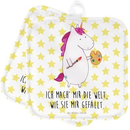 Mr. & Mrs. Panda 2er Set Topflappen Einhorn Künstler - Geschenk, Ofenhandschuh, Stift, Englisch, Topfuntersetzer, Schöne Topflappen, Topflappen Set,