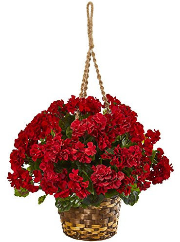 Nearly Natural 19” Geranium Hanging Basket Plant (Indoor/Outdoor), Red