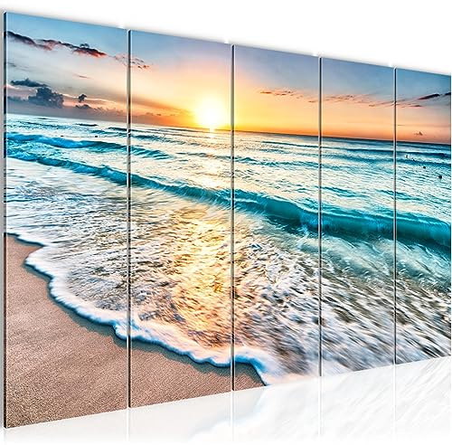 Runa Art Bild Sonnenuntergang Strand Wandbilder auf Vlies Leinwand 5 Teilig Wanddekoration Schlafzimmer Wohnzimmer 023756a