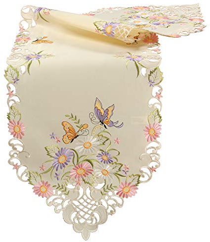 Quinnyshop Bunte Blumen Schmetterling Stickerei Tischläufer 40 x 140 cm Polyester, Ecru / Creme