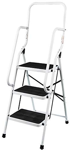 Escabeau Pliant 3 marches avec Main Courante de sécurité léger Multi-usages pour la Maison, Le Jardin, l'entrepôt, la Cuisine, escabeau en Acier, capacité maximale de 150 kg/330 LB