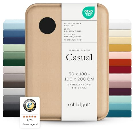 schlafgut Casual Spannbettlaken 90x200 cm 100% Bio-Baumwolle, Off-Black | Bettlaken, Spannbetttuch 100x200, 90x190 cm, Schwarz, Jersey, Sommer, 150 g/m², bis 25 cm Steg, Made in Green
