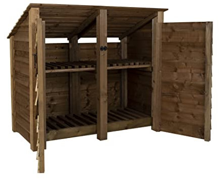 Arbor Garden Solutions Wooden Log Store 4Ft With Doors (W-146cm, H-126cm, D-88cm), brown finish (With kindling shelf (reverse roof))