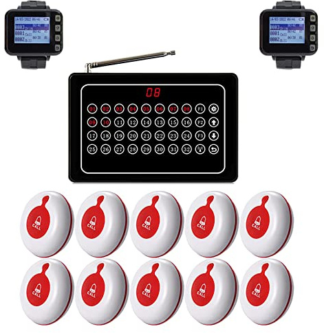 CYSSJF sistema de llamadas enfermeras timbre para restaurante boton inalambrico de llamada llamador a enfermera para Hospital Clínica Residencia 10 Llamadas Buttons 1 Receptore 2 Reloj Receptores