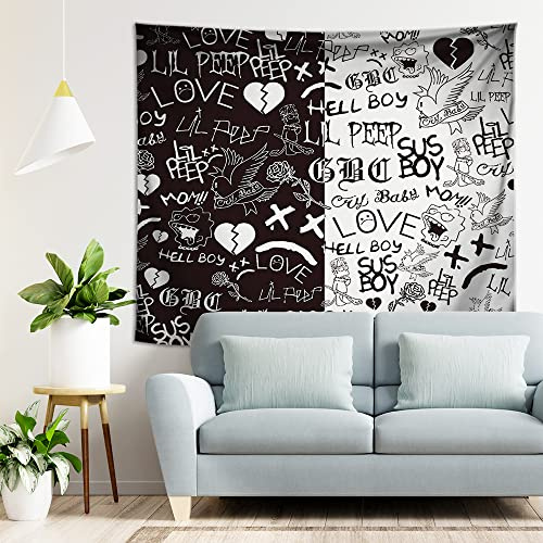 HCDZF Rapper Star Wandteppich Lil Peep Wandteppiche Schwarz und weiß Wandteppich für Schlafzimmer Wohnheim Hip Hop Home Dekorationen Wandbehang(L:78ʺ × 59ʺ)