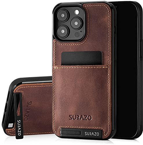 SURAZO äkta läder bakskal för Apple iPhone 15 Pro fodral – stötsäkert läder mobiltelefonfodral med [kortfack, stativfunktion, nyckelring] vintage smal stötfångare skyddsfodral (nötbrun)