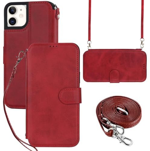 ELTEKER Hülle für iPhone 12 Mini Handyhülle mit Band Crossbody Strap, Klapphülle mit dem Verstellbaren Umhängeband - Rot