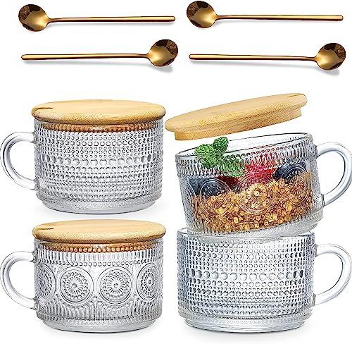 Vintage Coffee Mugs, 14 oz Glass Coffee Tea Cups with Lids and Spoons - Clear Embossed Aesthetic Mugs Cute Drinking Glasses for Latte, Cappuccino, Oat (4)