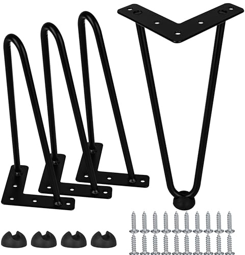 Btowin 12 inch Metal Hairpin Table Legs Heavy Duty 4Pcs, Black, Mid-Century | Cold-Rolled Steel, Rustproof, Pre-Drilled Holes & Screws. Rubber Pads Protect Floors, Easy DIY for Table Nightstand Cabinet