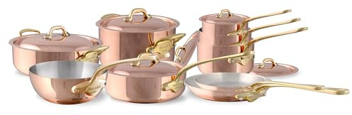 Mauviel M'150 B Kochgeschirr-Set, 1,5 mm, poliertes Kupfer und Edelstahl, 16-teilig, Messinggriffe, hergestellt in Frankreich