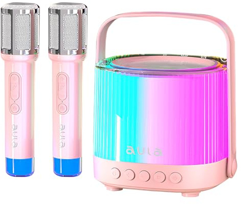 Jasfyee Karaoke Machine with 2 Wireless Microphones, Portable Bluetooth Karaoke Speaker with RGB Lights for Kids Adults Girls Boys Birthday Gift Indoor Outdoor Family Home Party Supplies (Pink)