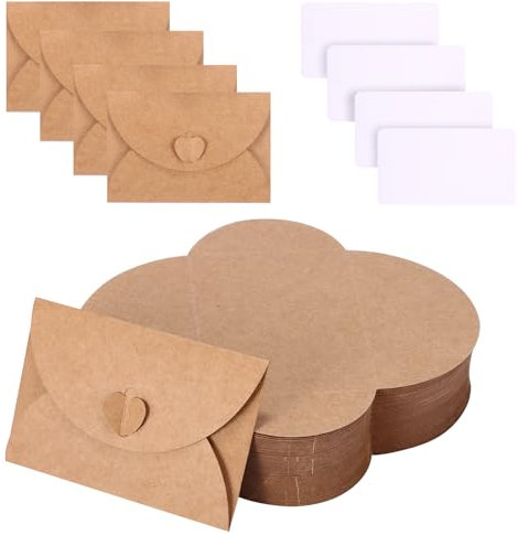 PZJFH 100 Stück Kraftpapier Umschläge mit 100 Blanko Papier Karten, Briefumschläge Kraftpapier mit Herz Verschluss, Mini Briefumschläge für DIY Geschenkkarten Party Einladung