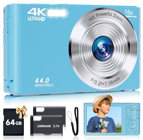 Digitalkamera für Teenager, FHD 4K 44MP Digitalkamera Autofokus mit 64GB SD-Karte, 16X Zoom, Kameras für Fotografie, kompakte Punkt- und Schießkamera für Teenager, Jungen, Mädchen, Kinder, Kamera,
