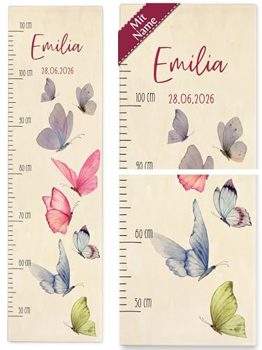 Messlatte Kind Holz - Schmetterling - Kindermesslatte Schmetterlinge mit Name und Datum Mädchen I Butterfly - 50-110 cm - Holz - kinder aus größenanzeige für