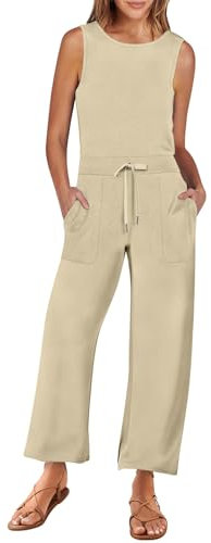 RMBLYfeiye Arbeitslatzhose Damen Schutzanzug Einweg Hochzeitsoutfit Damen Einfarbiges Rundhals Ärmelloser Jumpsuit 7/8 Hosen Elegant Overall Mit Taschen Leinen Damen (Khaki, M)