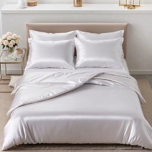 Cozyor Biancheria da letto in raso, 200 x 200 cm, extra spessa e morbida, con chiusura lampo, 1 copripiumino da 200 x 200 cm, 2 federe da 80 x 80 cm, raso, 3 pezzi, bianco Purity