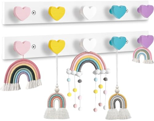 Maitys 2 Pcs Kids Coat Rack Wall Mount Kids Wall Hooks Rainbow Coat Rack Hooks for Boys Girls Toddler Cute Bathroom Decor Colorful Backpack Hanger Supplies for Clothes Hat Towel in Bedroom(Heart)